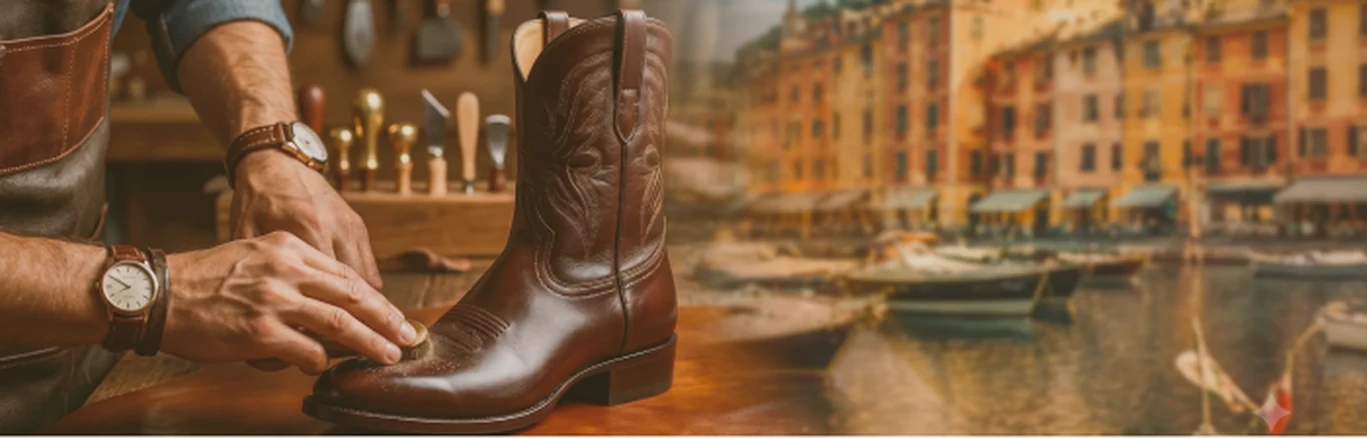 Manos lustrando una bota de cuero, fundidas con el puerto de Portofino